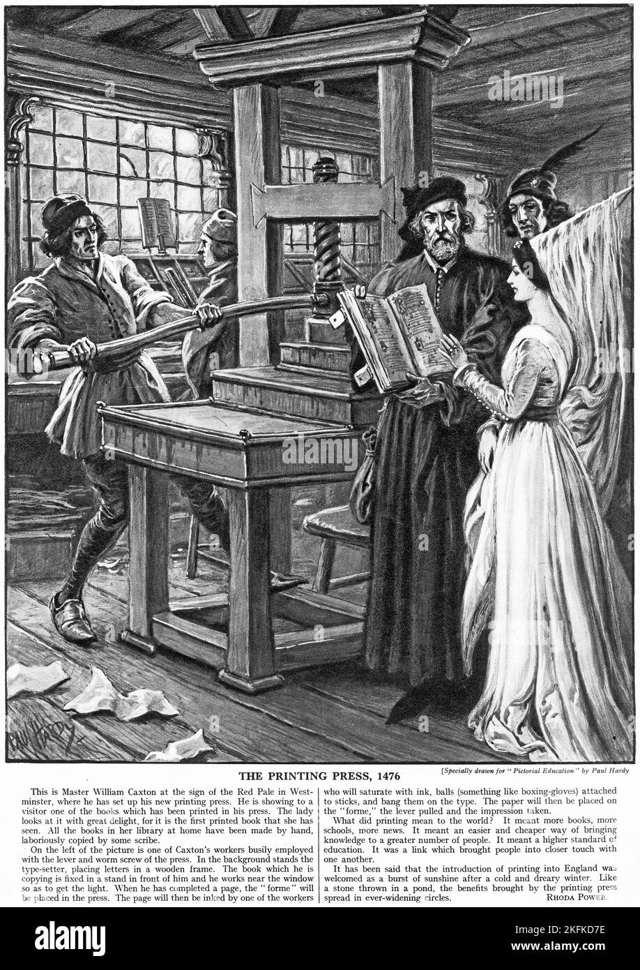 Halbton von William Caxton bei seiner Druckmaschine im Jahr 1476, aus einer pädagogischen Publikation, 1927 Stockfoto