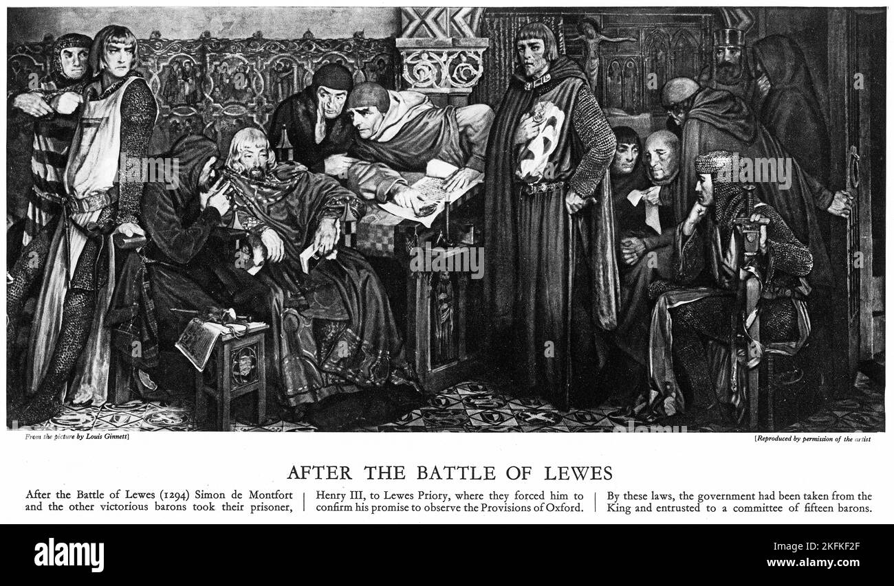 Halbton von Simon de Montfort Verhandlungen mit dem besiegten Henry III nach der Schlacht von Lewes, um die Bestimmungen von Oxford zu beachten, aus einer pädagogischen Publikation, 1927 Stockfoto