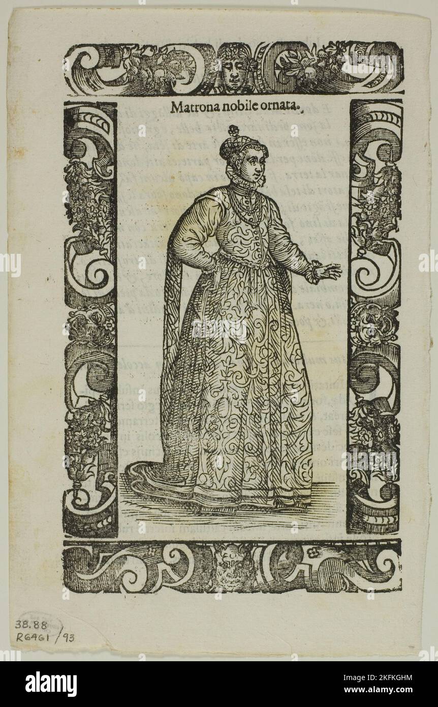 Blatt von Habiti Antichi e moderni, Tafel 93 aus Holzschnitten aus Büchern des XVI. Jahrhunderts, 1598, zusammengestellt in Mappe von Max Geisberg, 1937. Noblewoman. Stockfoto