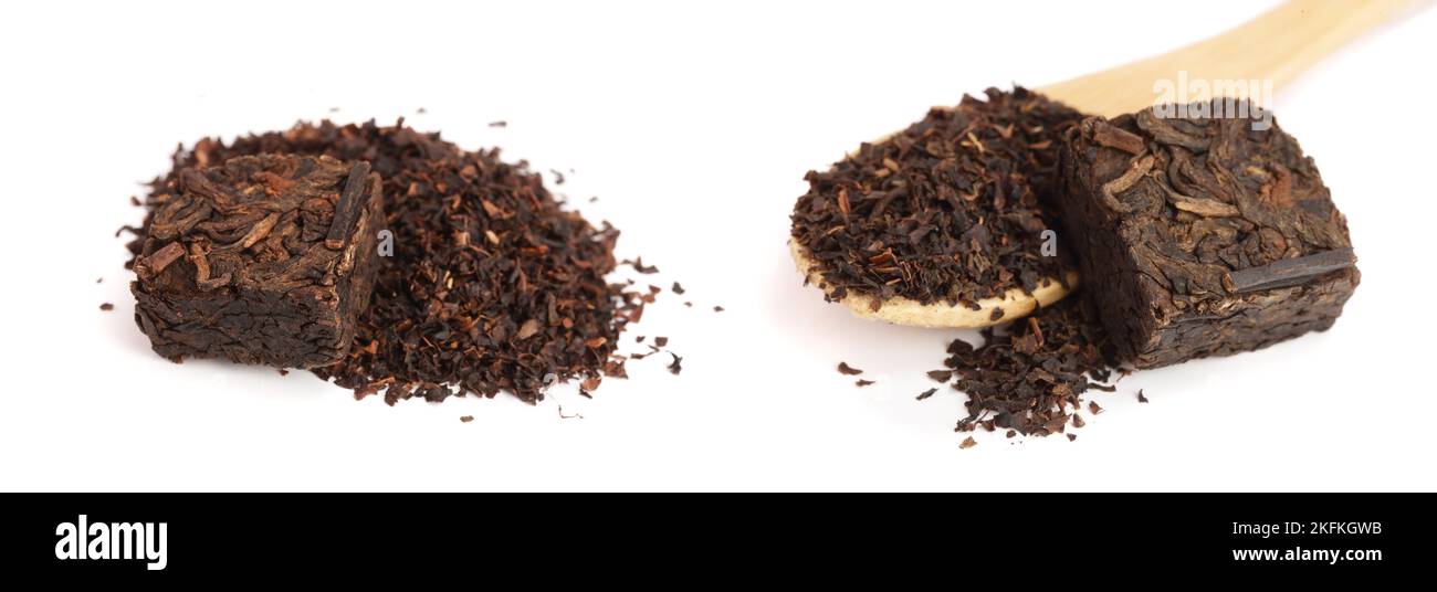 Puer Tee quadratische Form auf weißem Hintergrund. Gedrückt Chinesischen fermentiert Pu-erh Tee. Stockfoto