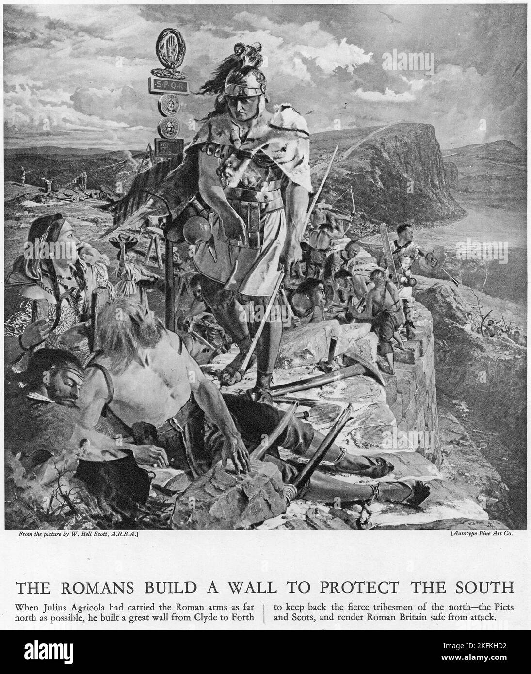 Halbton der Römer, die in Schottland eine Mauer bauten, um die südlichen Teile Englands zu schützen, die sie erfolgreich erobert hatten, aus einer pädagogischen Publikation, 1927 Stockfoto