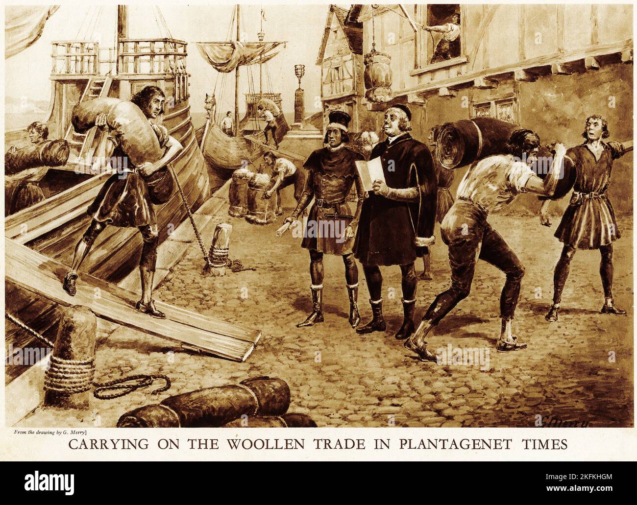 Halbton der Weiterführung des Wollhandels in Plantagenet Times, aus einer pädagogischen Publikation, 1927 Stockfoto
