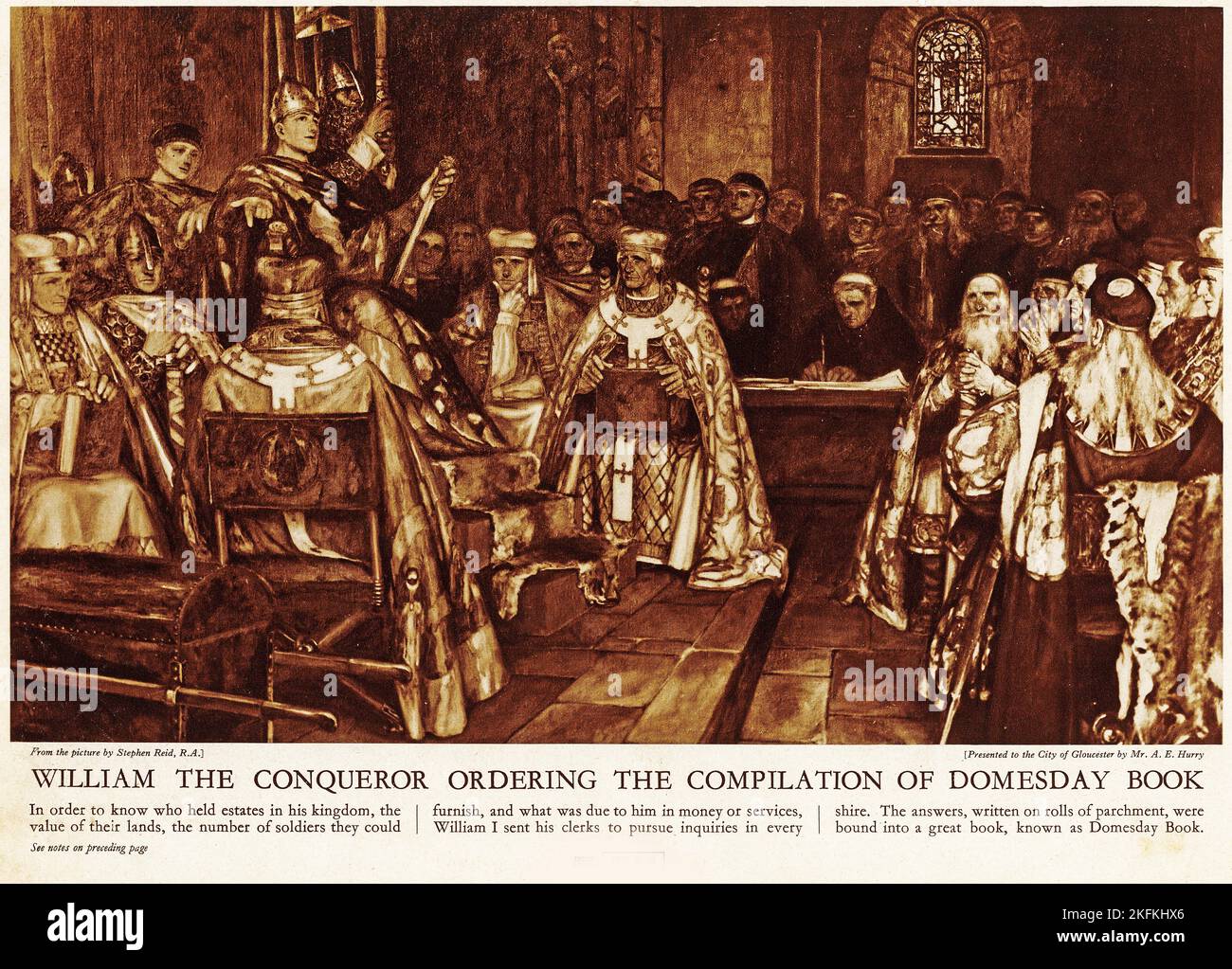 Halbton von William dem Eroberer, der die Zusammenstellung des Domesday Book aus einer pädagogischen Publikation, 1927, anordnet Stockfoto