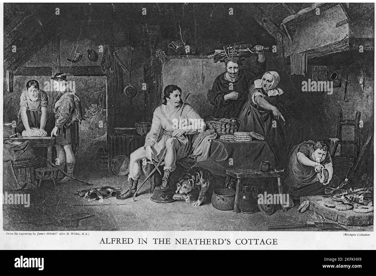 Halbton von König Alfred Alfred (ca. 848 – 899) aus dem Königreich Wessex in der Hütte des Neatherds, aus einer pädagogischen Publikation, 1927. Die Legende erzählt, dass Alfred, als er auf die Somerset-Ebenen floh, von einer Bäuerin Zuflucht erhielt, die ihn, ohne seine Identität zu kennen, verließ, um einige Kuchen zu sehen, die sie beim Kochen auf dem Feuer gelassen hatte. Mit den Problemen seines Königreichs beschäftigt, ließ Alfred versehentlich die Kuchen brennen. Stockfoto
