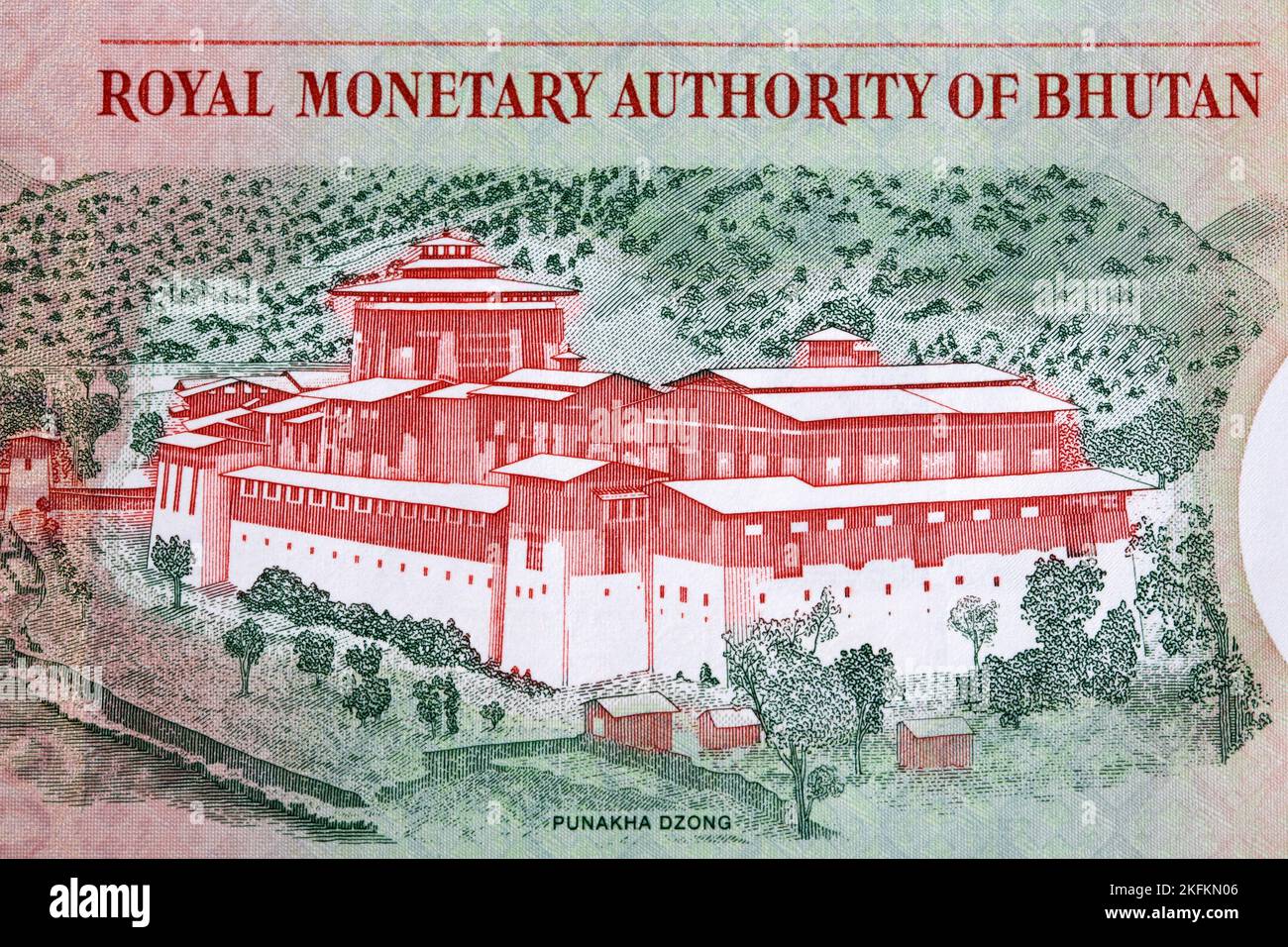 Punakha Dzong aus bhutanesischem Geld - ngultrum Stockfoto