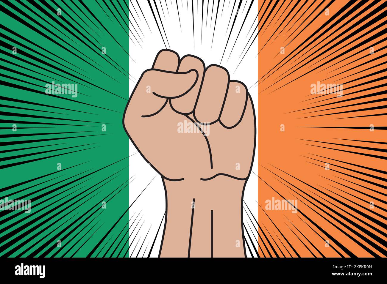 Menschliche Faust geballtes Symbol auf Flagge von Irland Hintergrund. Power and Strength-Logo Stock Vektor