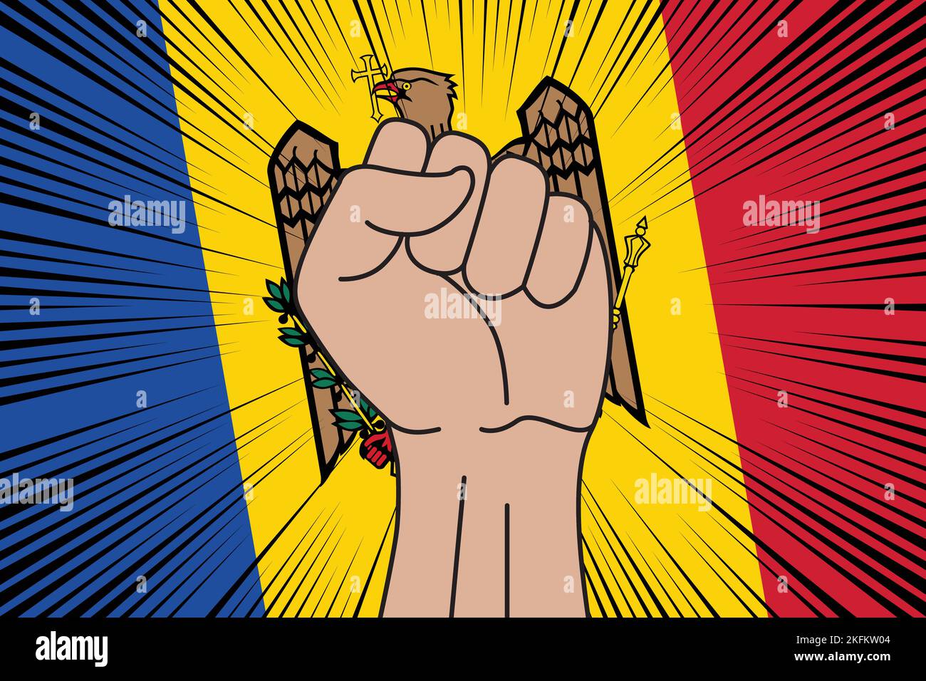 Menschliche Faust geballtes Symbol auf Flagge von Moldawien Hintergrund. Power and Strength-Logo Stock Vektor