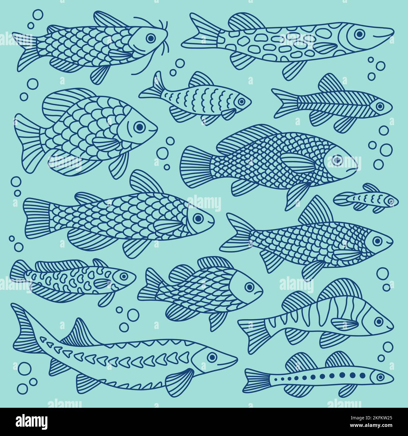 Vector Doodle Satz von Fischen in verschiedenen Formen mit verschiedenen handgezeichneten Mustern, isoliert. Meerestiere, Meer, Reisen. Stock Vektor