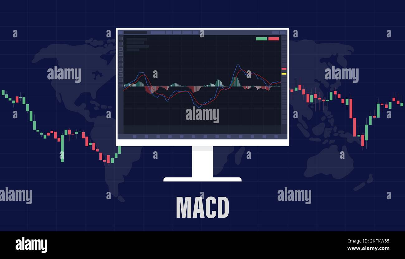 macd Moving Average Convergence Divergence Indicator für den Börsenhandel mit großem Bildschirm und Kerzenstiel mit modernem Flat Style Vektor illustrat Stockfoto