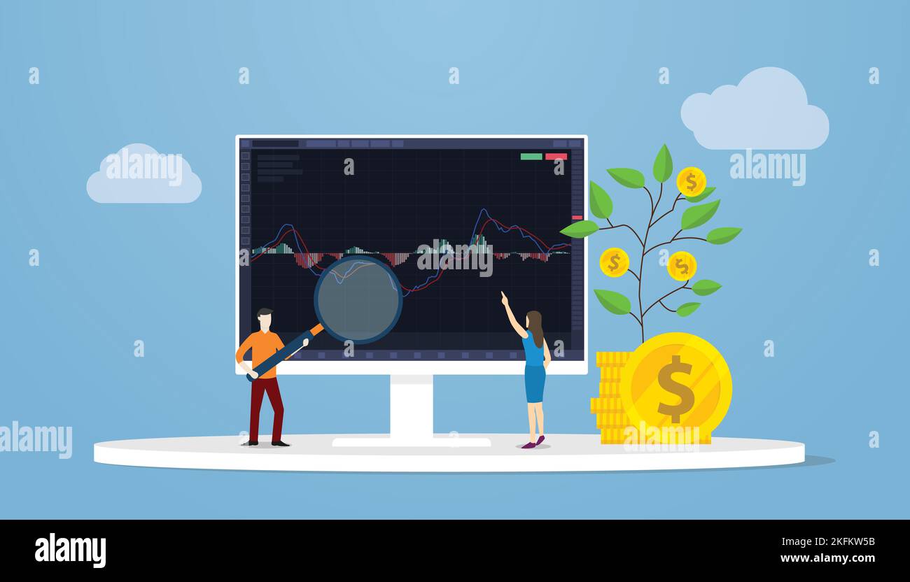macd Moving Average Convergence Divergence Indicator für den Börsenhandel mit Big Screen und Candle Stick mit Menschen analysieren Screen Monitor-Modus Stockfoto