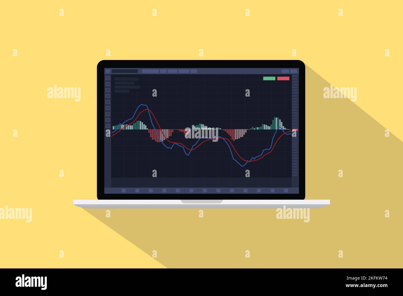 macd Moving Average Convergence Divergence Indicator für den Börsenhandel auf Laptop-Bildschirm mit moderner flacher Vektordarstellung Stockfoto