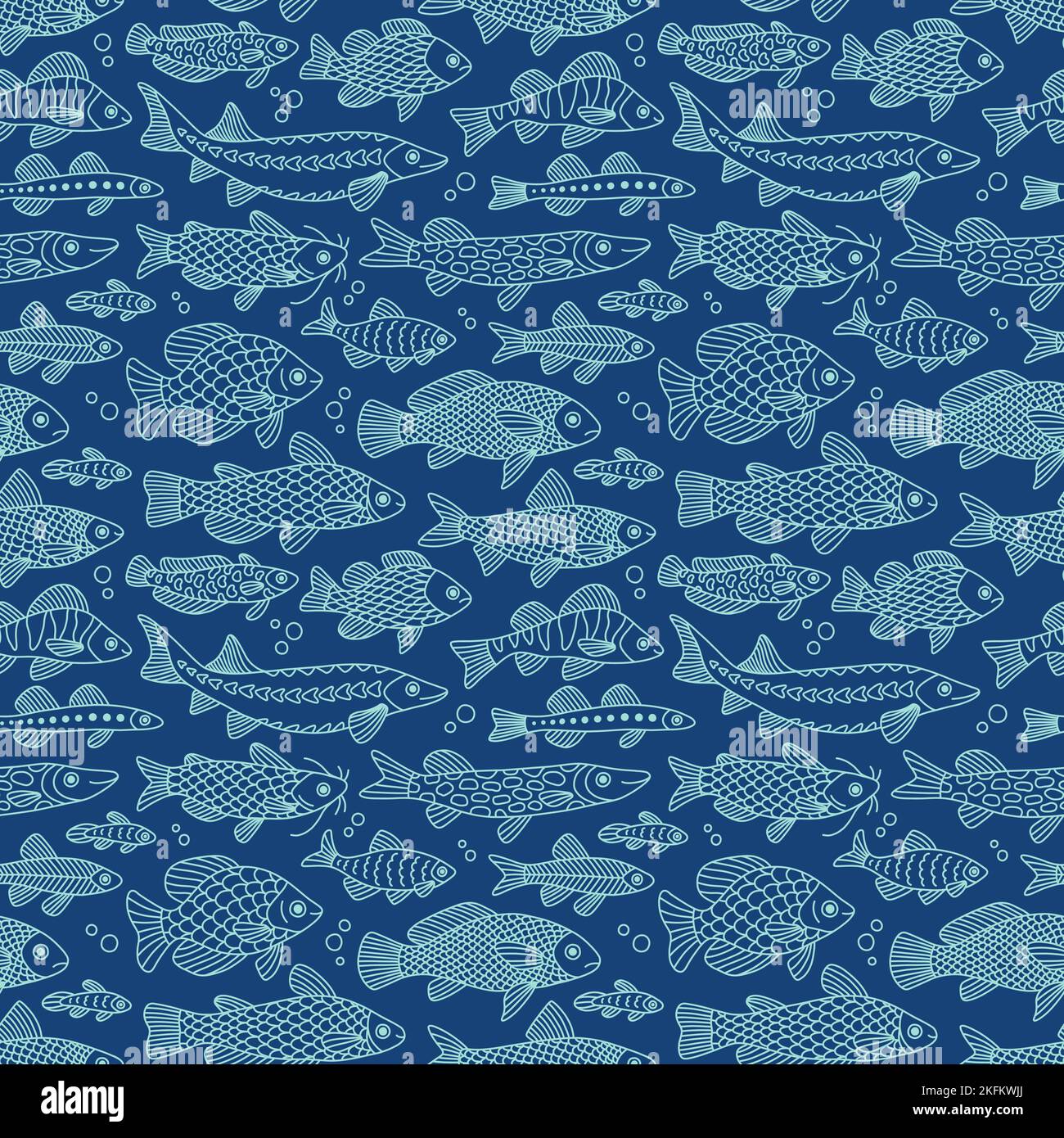 Doodle nahtlose Muster mit Fischen in verschiedenen Formen mit verschiedenen handgezeichneten Mustern, isoliert. Stock Vektor