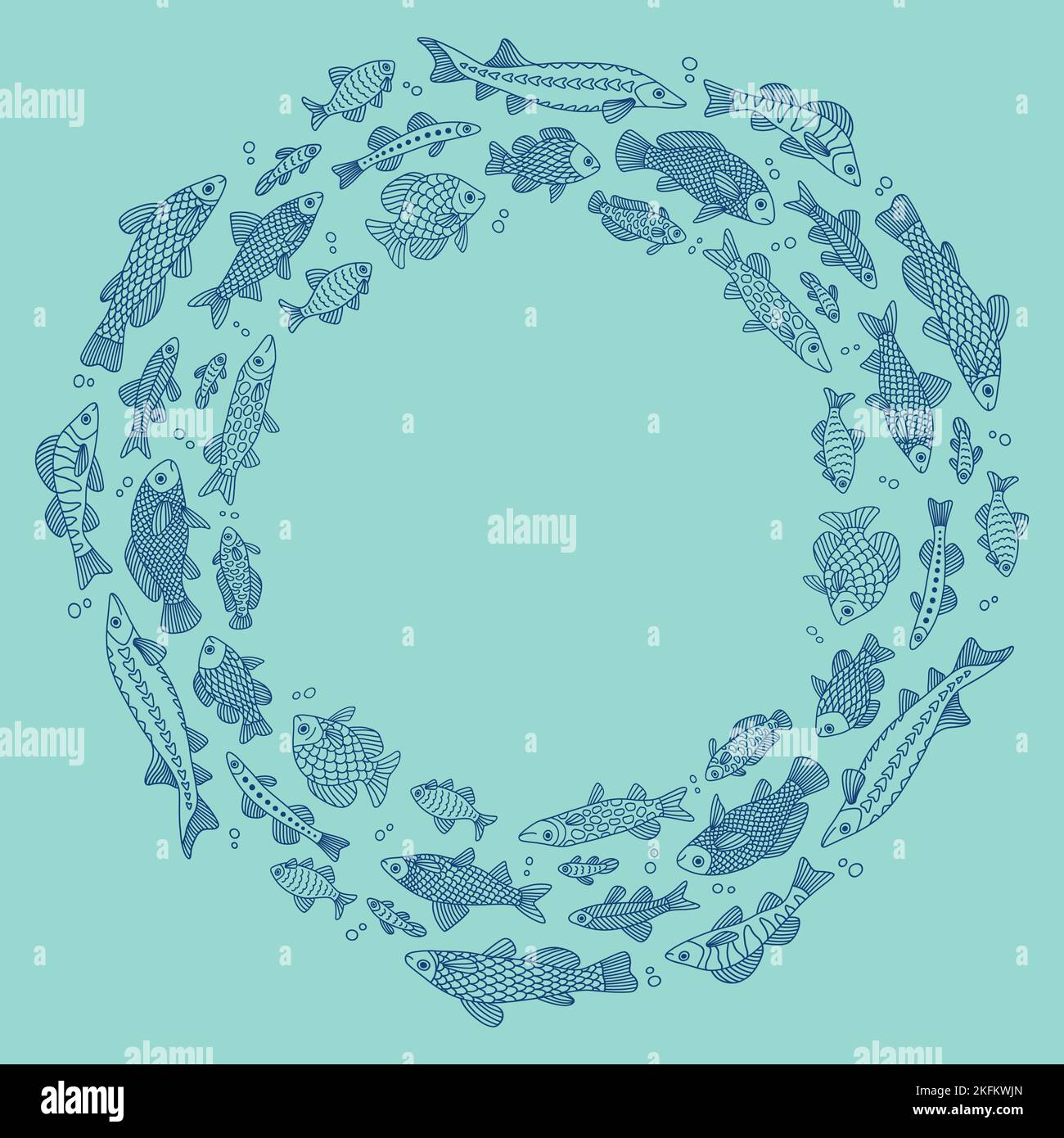Vektor-Doodle Kreis Hintergrund mit Fischen in verschiedenen Formen mit verschiedenen handgezeichneten Mustern, isoliert Stock Vektor