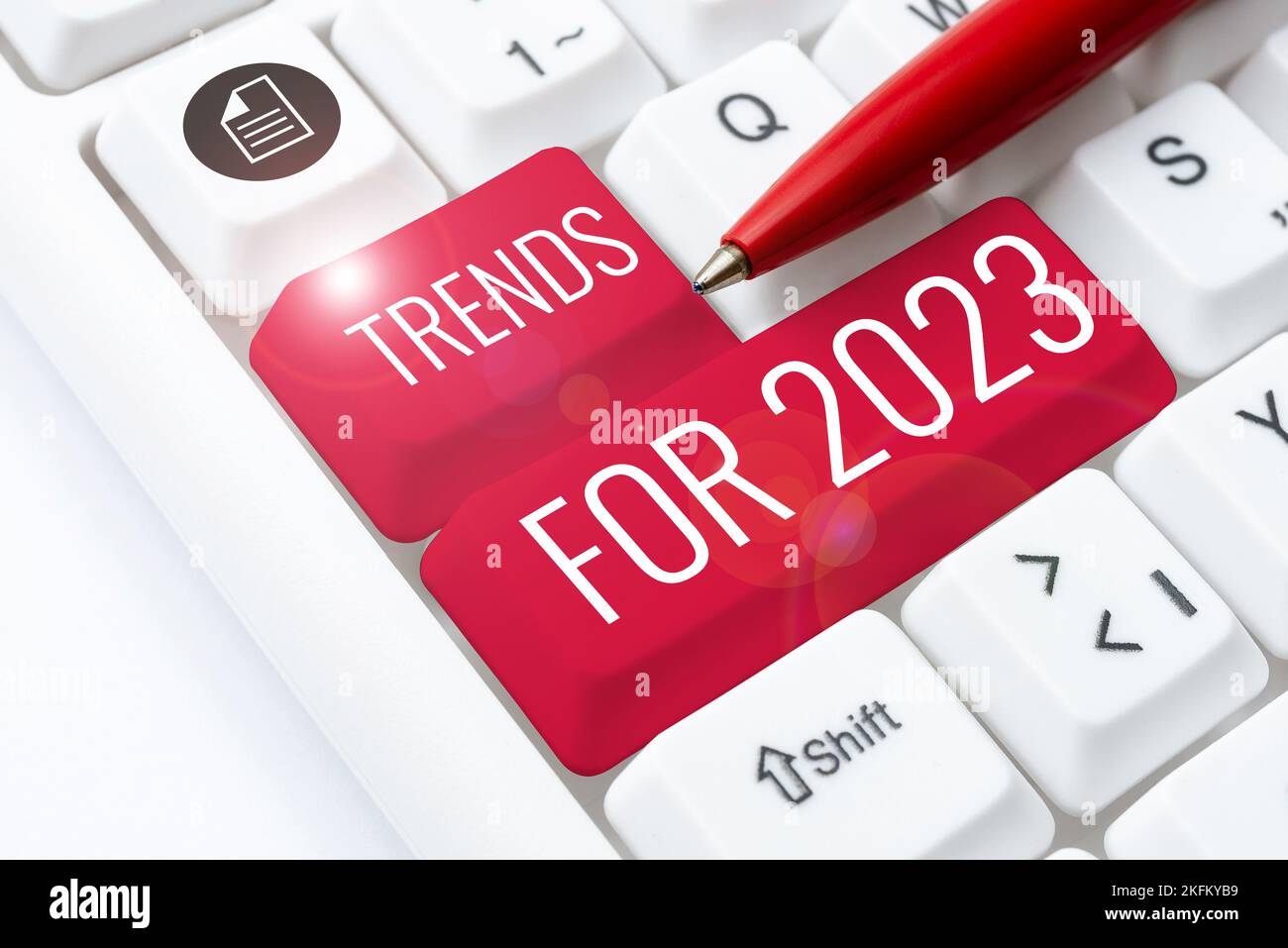 Schild mit Trendanzeige für 2023. Konzept bedeutet Liste von Dingen, die sehr schnell in diesem Jahr populär geworden Stockfoto