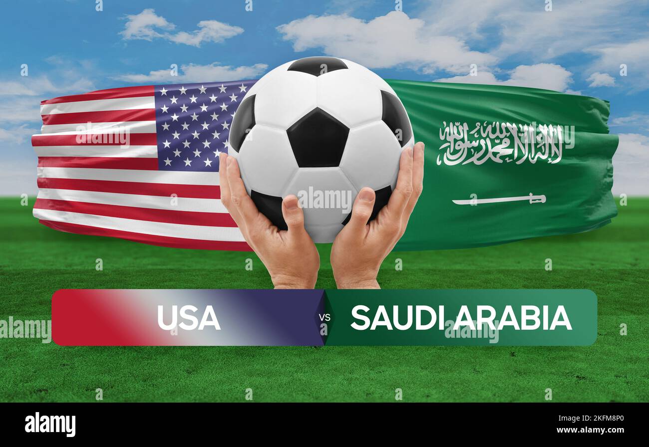 USA gegen Saudi-Arabien Nationalmannschaften Fußballspiel Wettbewerb Konzept. Stockfoto