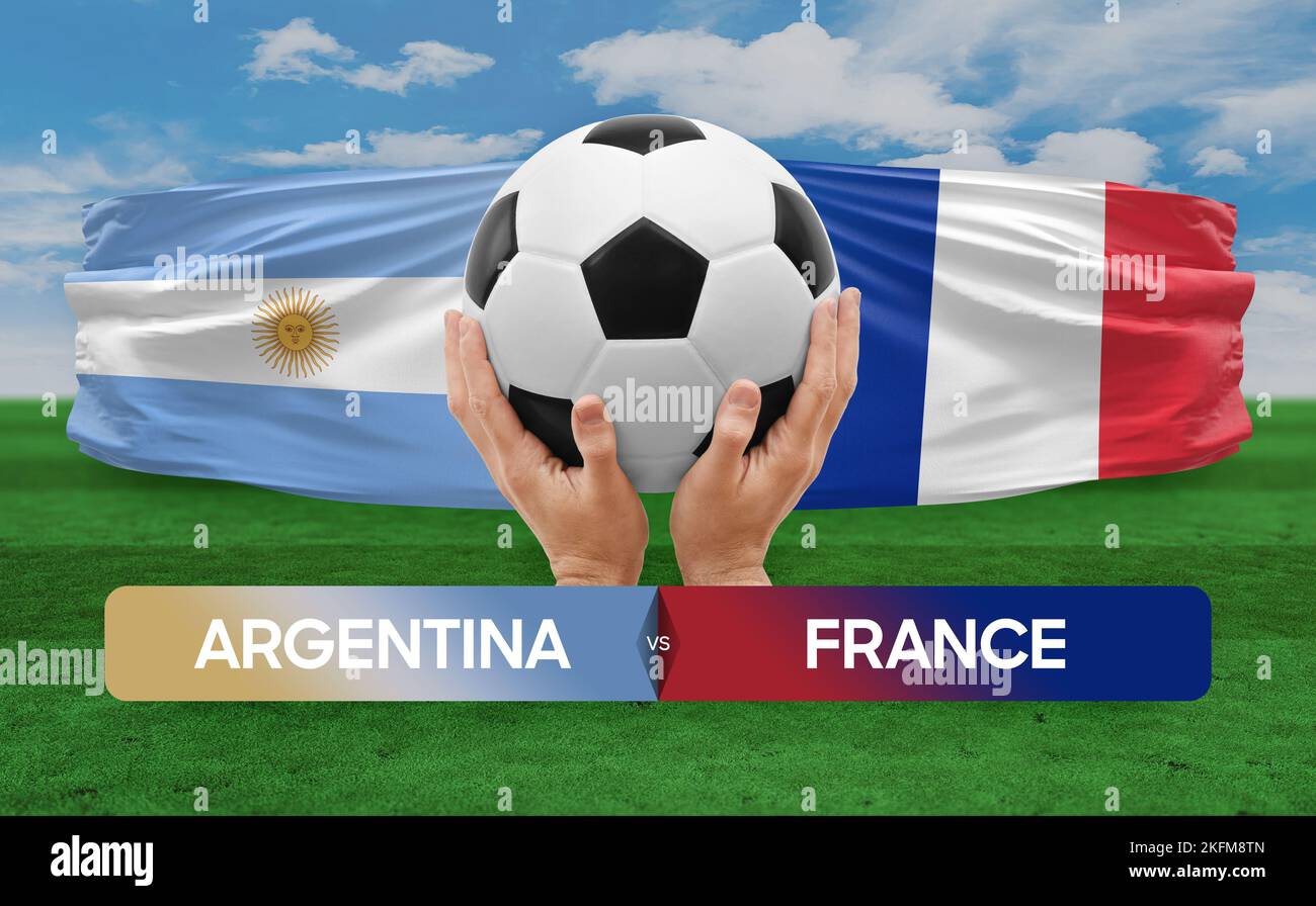 Konzept des Fußballspiels zwischen Argentinien und Frankreich der Nationalmannschaften. Stockfoto