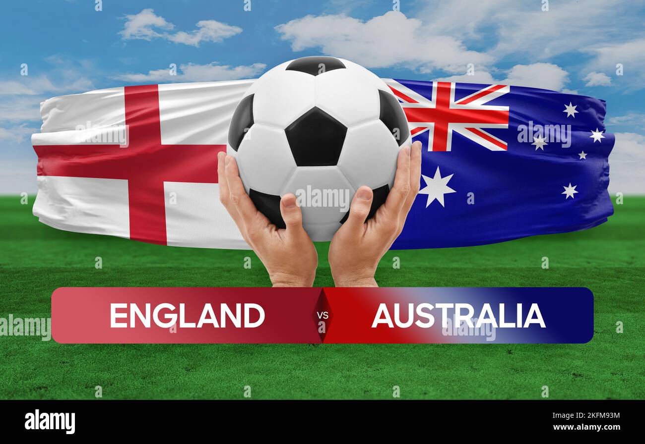 Fußballspiel-Wettkampfkonzept der Nationalmannschaften England gegen Australien. Stockfoto