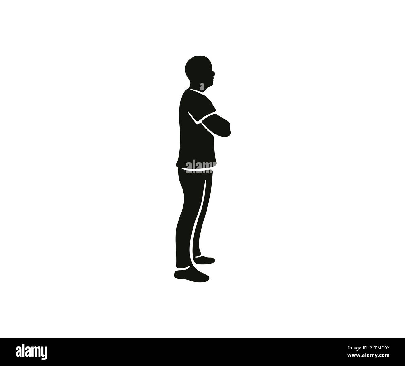 Mann steht in vollem Wachstum mit gekreuzten Armen, Logo-Design. Silhouette eines Mannes, ein Mann denkt und schaut nach vorne, Vektor-Design und Illustration Stock Vektor