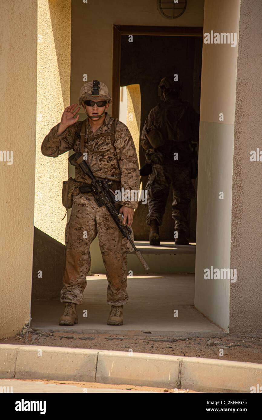 U.S. Marine Corps Lance CPL. Andrew Dahlen, ein Randalier der India Company, 3. Bataillon, 5. Marine Regiment, erhält während der Übung Intrepid Maven 22,4, 26. September 2022 Informationen. Intrepid Maven ist eine bilaterale Übung zwischen US- und VAE-Streitkräften, um unsere Beziehungen zu alliierten Nationen im Einsatzgebiet von CENTCOM zu trainieren und zu stärken. Stockfoto