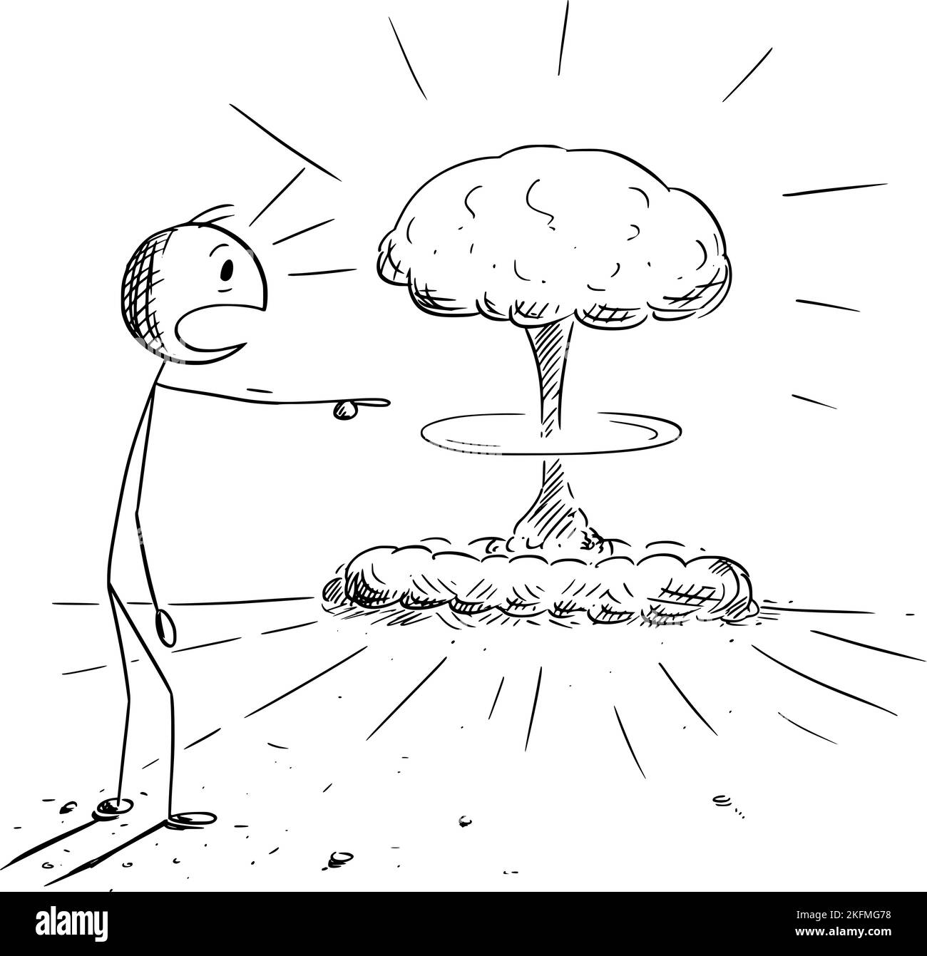 Schockierte Person und nukleare Explosion, Vektor Cartoon Stick Abbildung Stock Vektor