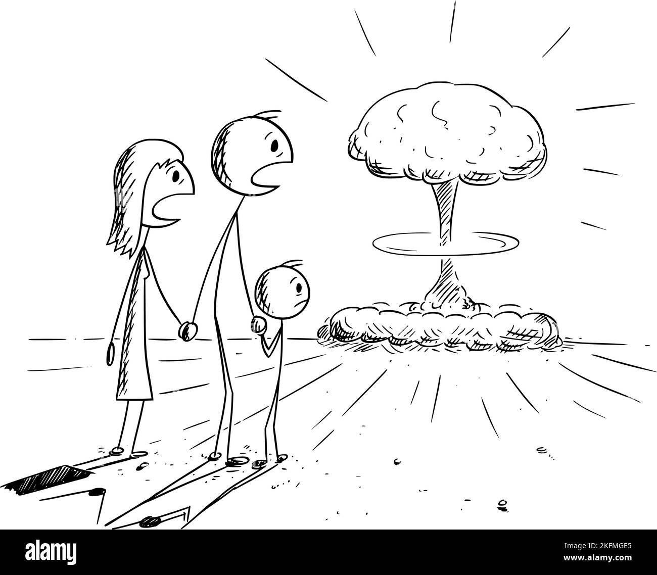 Schockierte Familie und nukleare Explosion, Vektor Cartoon Stick Abbildung Stock Vektor