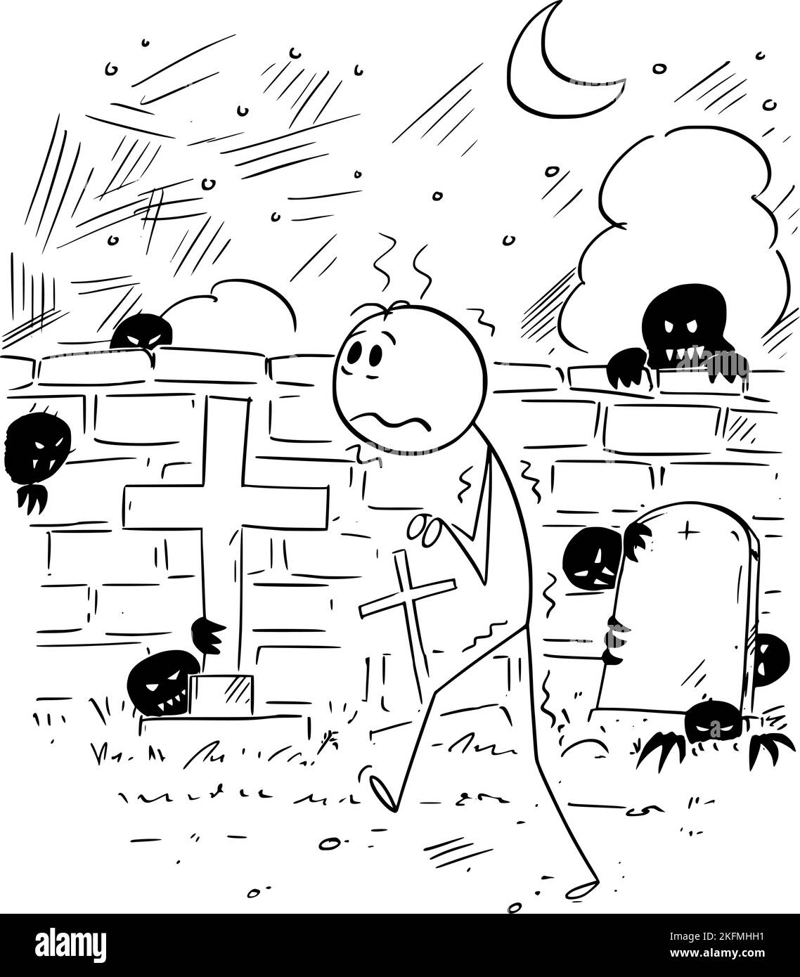 Verängstigte Person auf dem Friedhof, Vektor Cartoon Stick Abbildung Stock Vektor