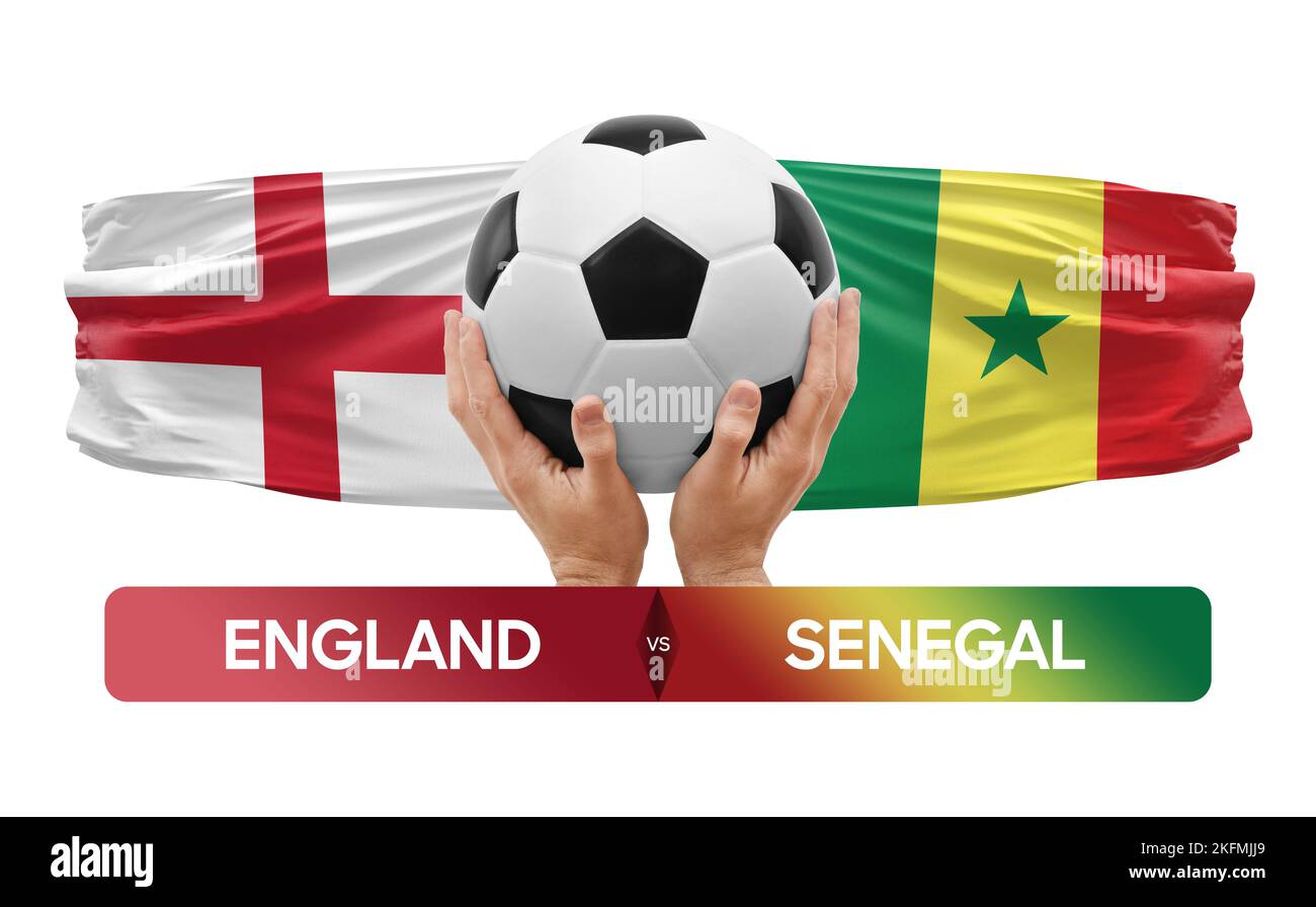 Konzept des Fußballspiels zwischen den Nationalmannschaften von England und Senegal. Stockfoto