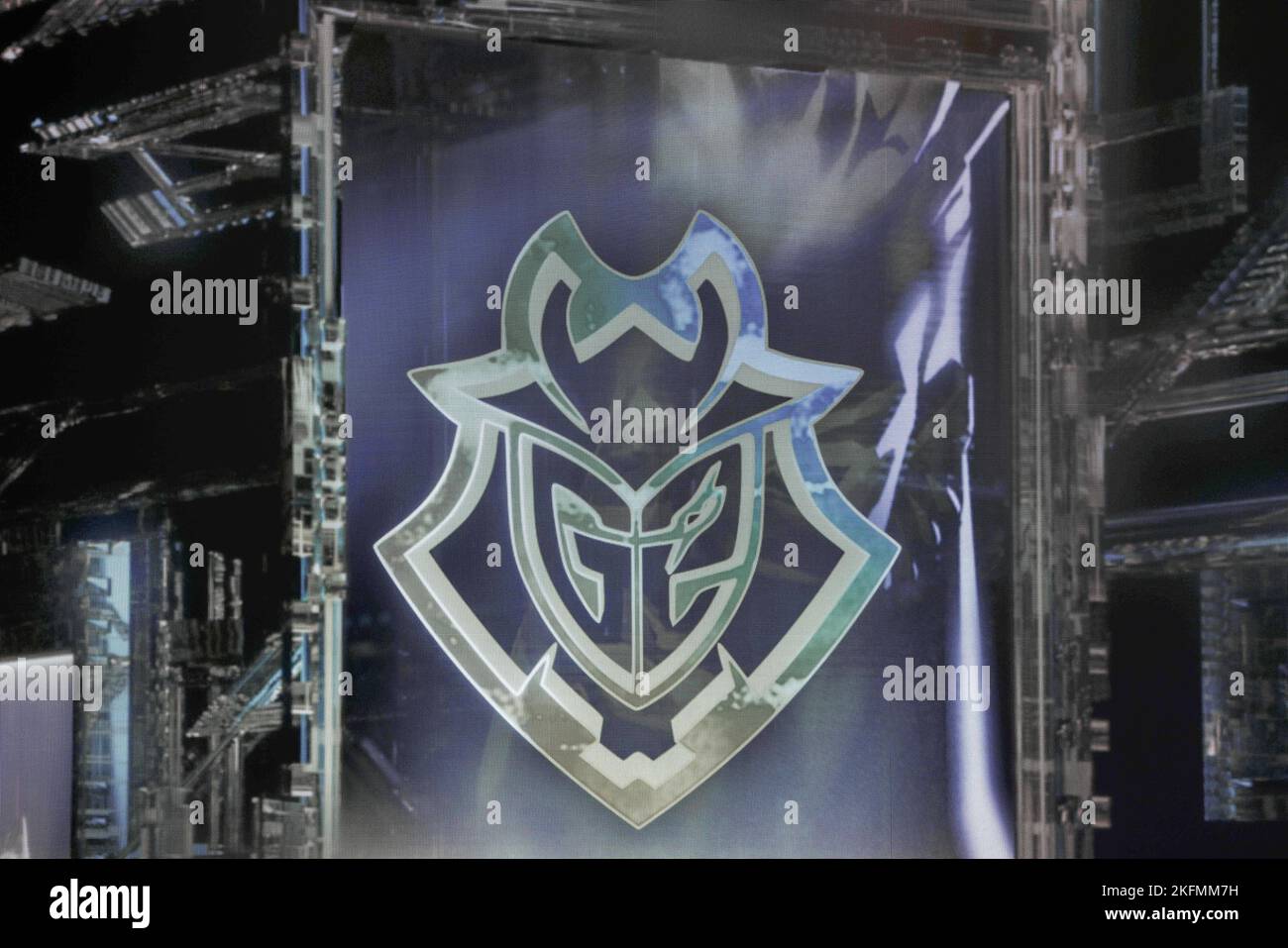 18. November 2022, Berlin: Das Logo des Teams G2 Esports bei der VALORANT: Game Changers Championship 2022 im LEC Studio. Foto: Gerald Matzka/dpa Stockfoto