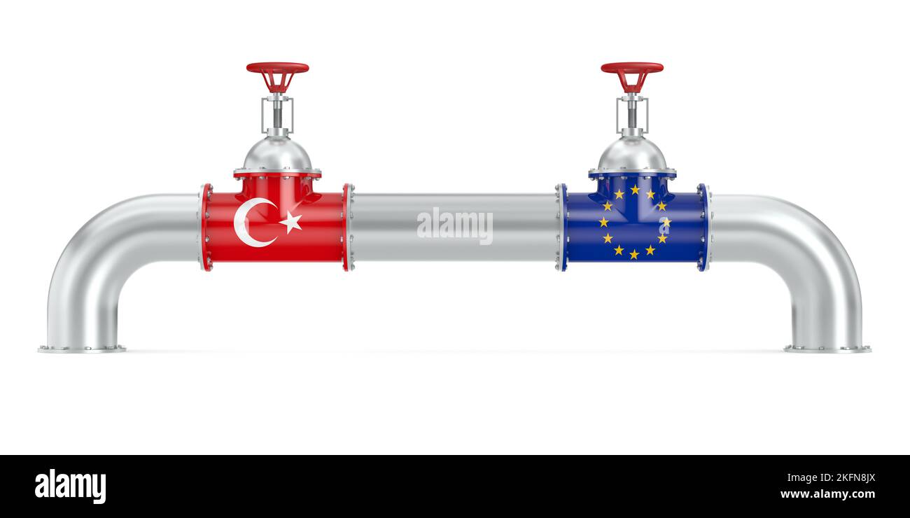 Pipeline zwischen der EG und der Türkei auf weißem Hintergrund. Isolierte 3D-Abbildung Stockfoto
