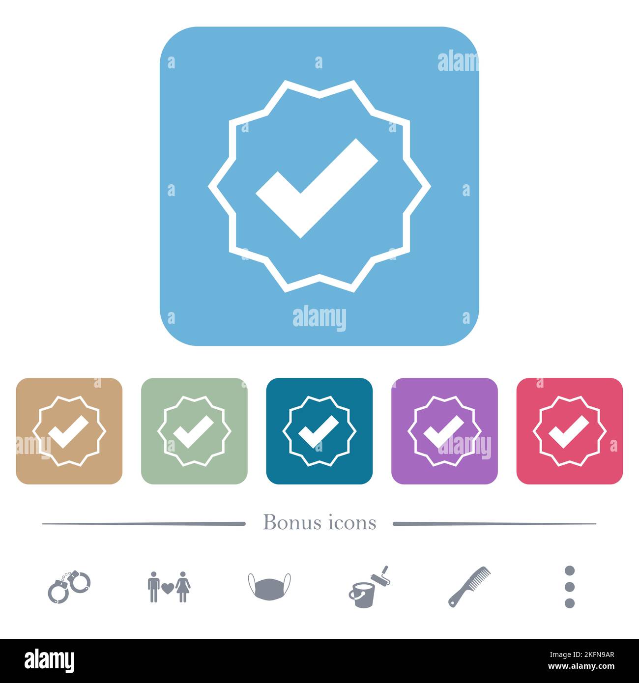 Verifizierter Aufkleber umreißt weiße flache Symbole auf abgerundeten quadratischen Hintergründen. 6 Bonus-Symbole enthalten Stock Vektor