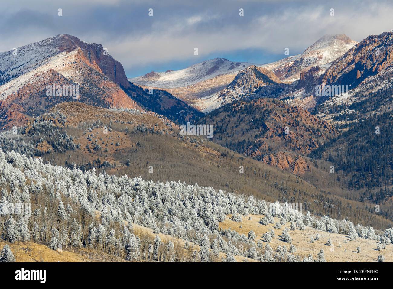 Neuschnee bedeckt das Minenland im Süden Colorados bei Cripple Creek und Victor Stockfoto