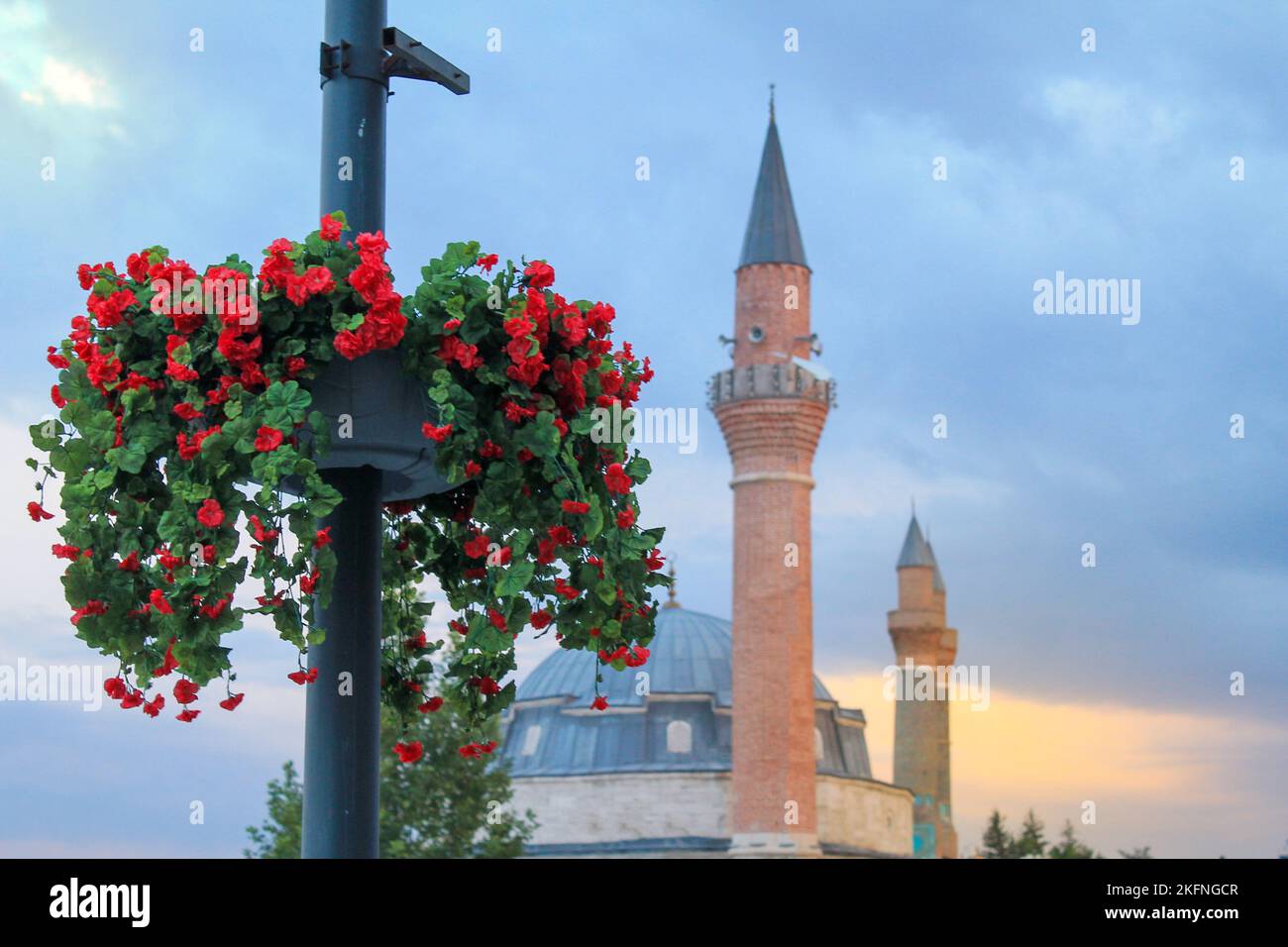 Ein Blumentopf mit Blumen, die an einem Lampenpfahl hängen. Platz der Republik im Hintergrund oder Platz der Republik im Herzen der Altstadt. Selektiver Fokus Stockfoto