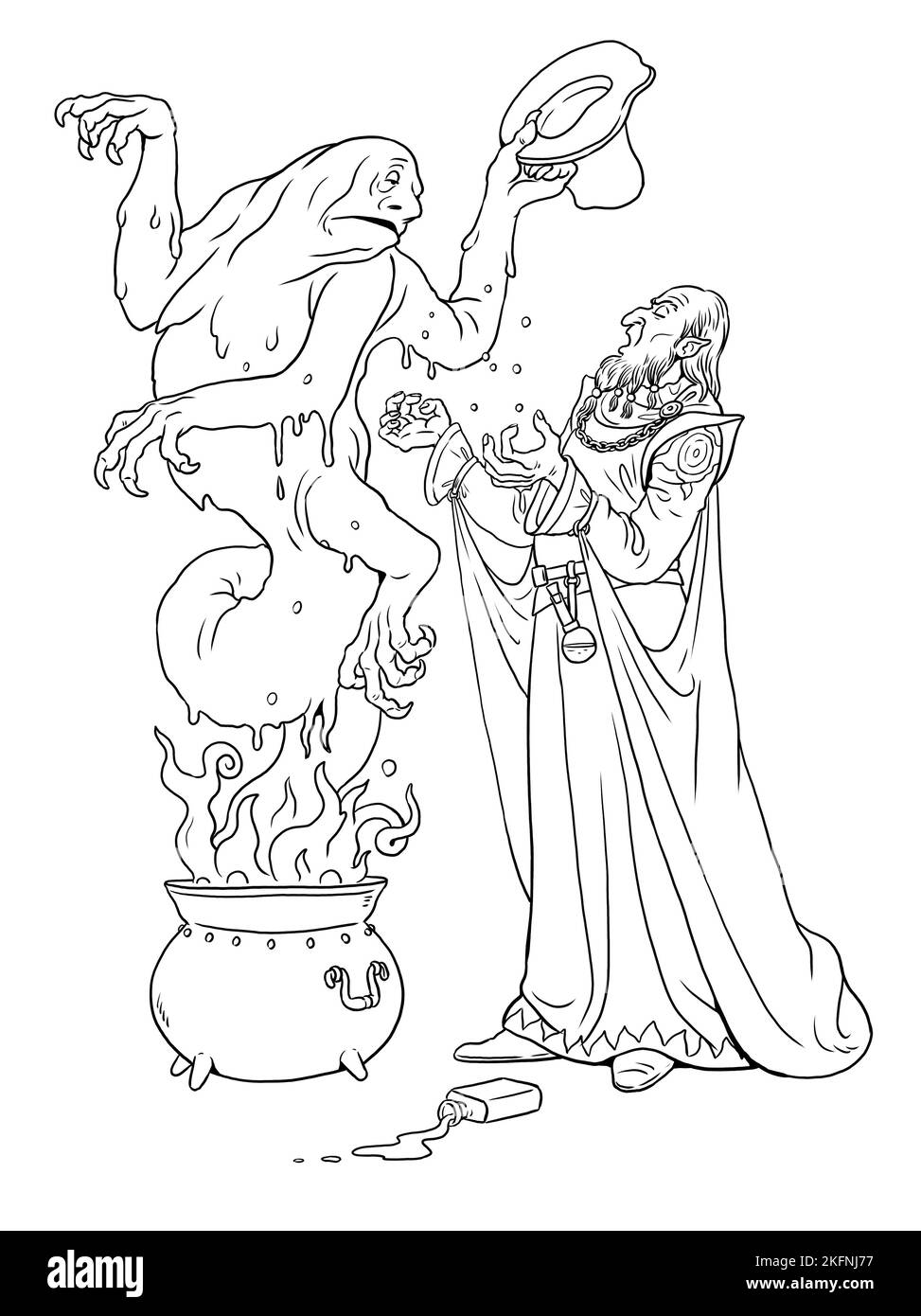 Böser Zauberer mit seiner Kreatur. Malseite mit dem Zauberer. Farbschablone mit Frankenstein. Stockfoto