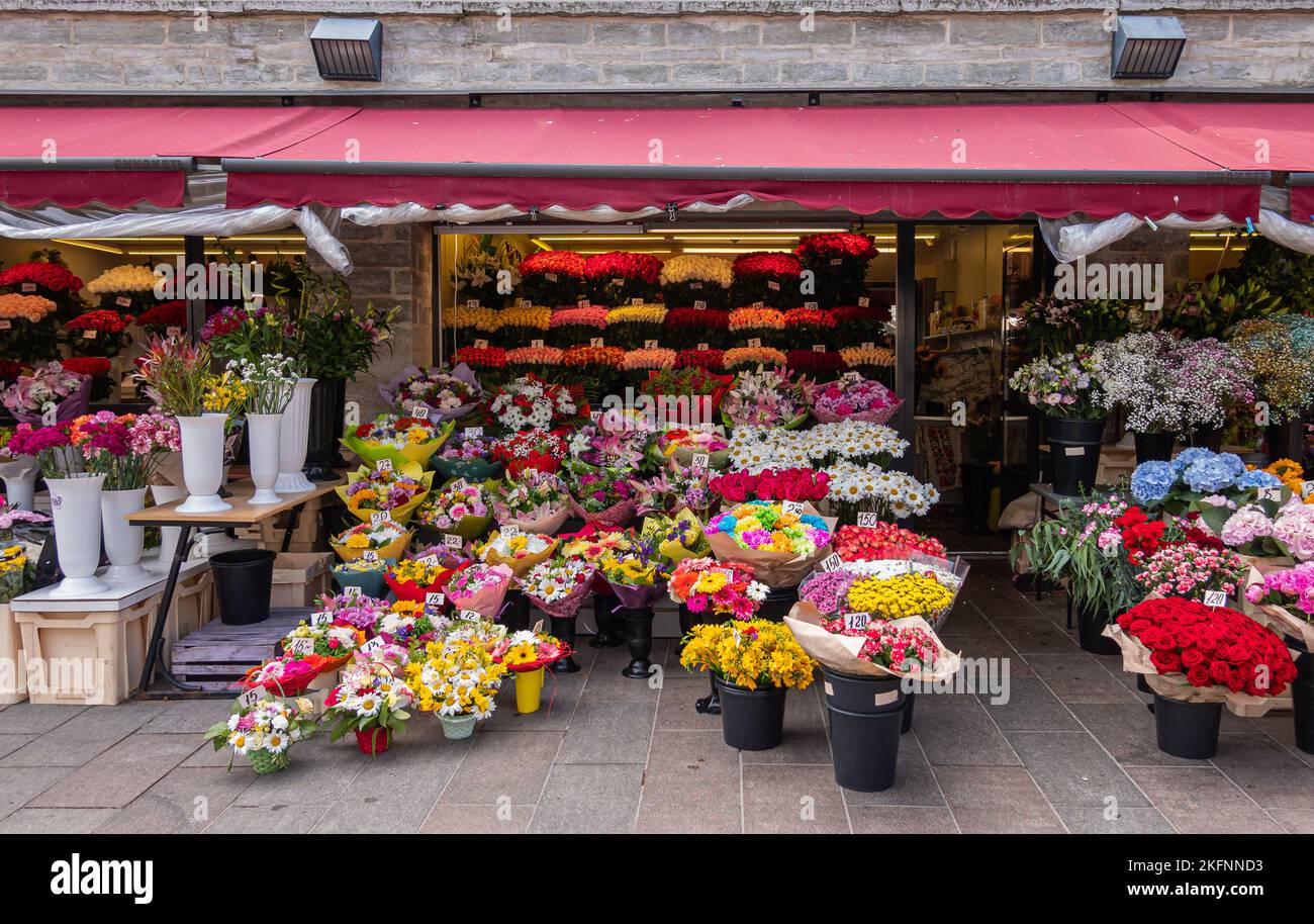 Estland, Tallinn - 21. Juli 2022: Farbenvielfalt auf dem Blumenmarkt entlang der Viru Streeet. Bedeckte Unternehmen mit Blumensträußen in Eimern davor Stockfoto