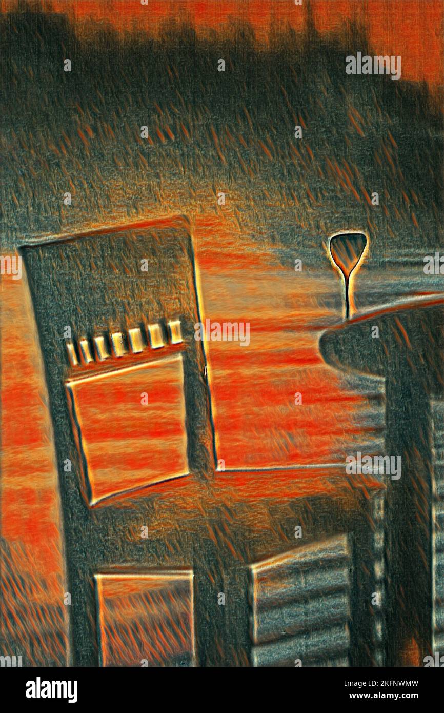 Illustration eines leeren Stuhls, eines Tisches und eines Glases Wein Stockfoto