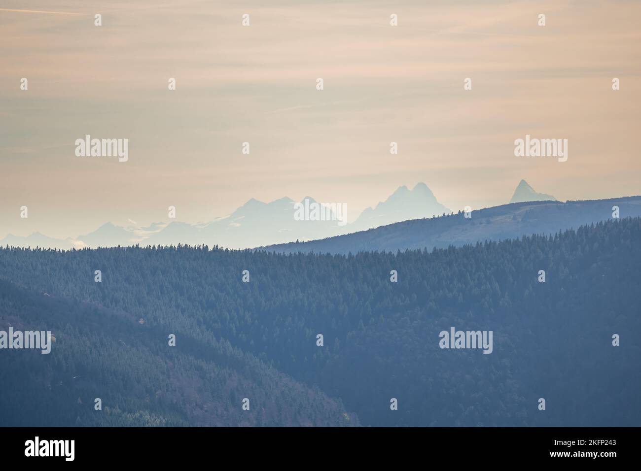 Die Alpenkette im Winter von den Vogesen aus gesehen. Elsass, Frankreich. Stockfoto