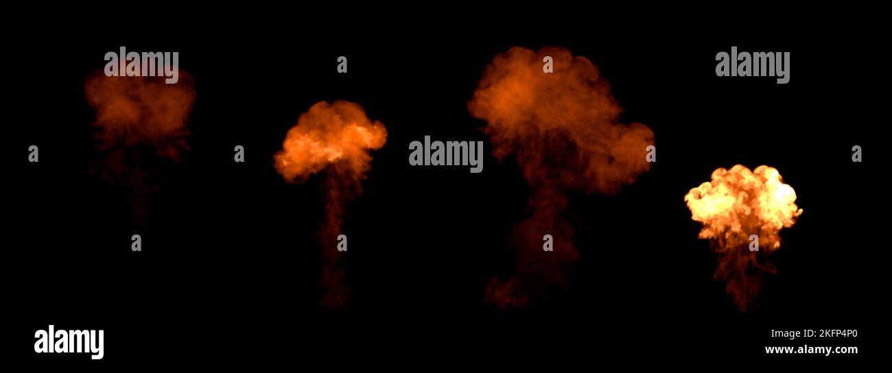 Vier verschiedene flammende Pilzexplosionen, isoliert - Objekt 3D Abbildung Stockfoto