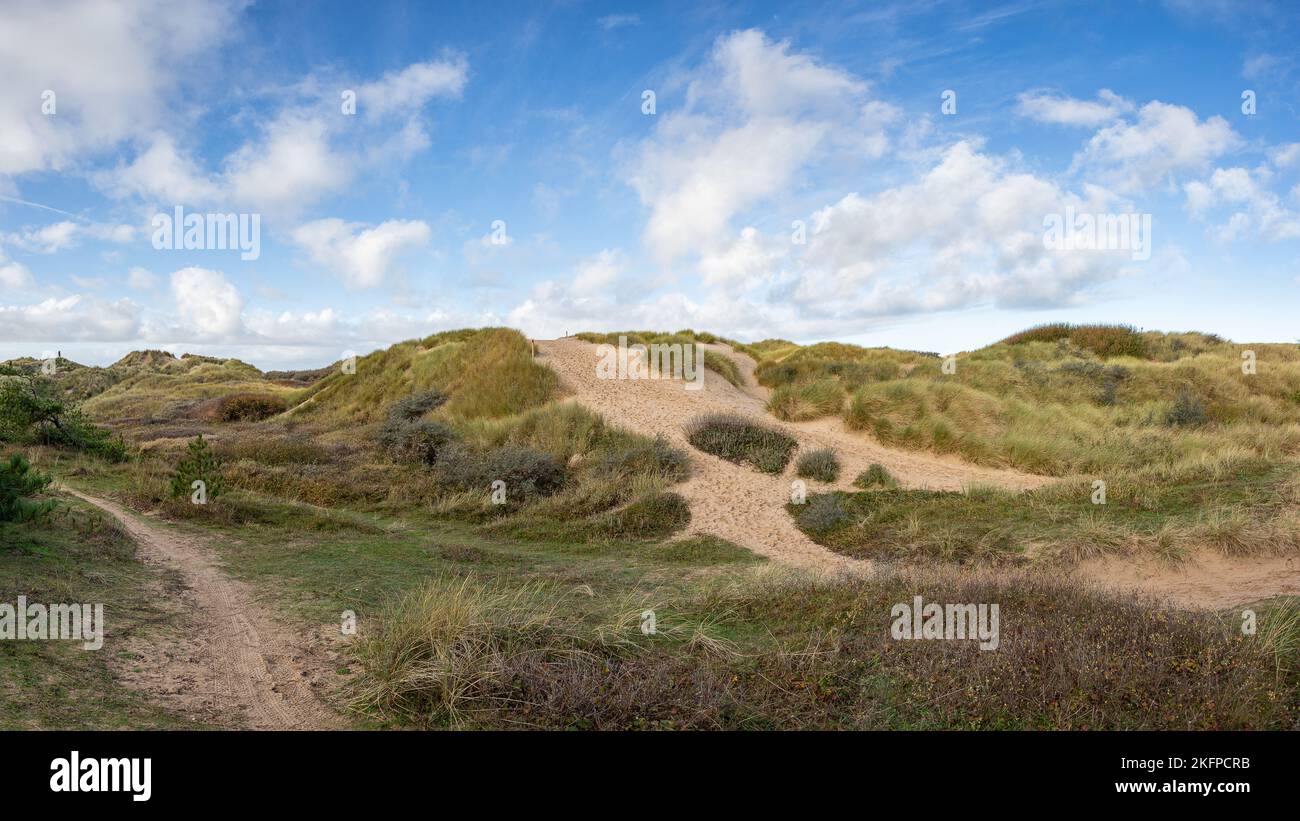 Ein mehrbildartikes Panorama von Fußschritten auf den Sanddünen zwischen Formby Pine Woods und Formby Beach an der Sefton Küste. Stockfoto