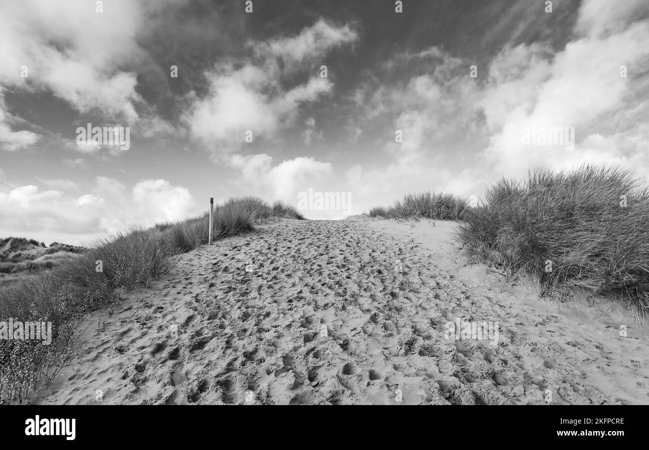 Ein schwarz-weißes Bild von Fußstapfen in den steilen Dünen von Formby, die zum Strand führen. Stockfoto