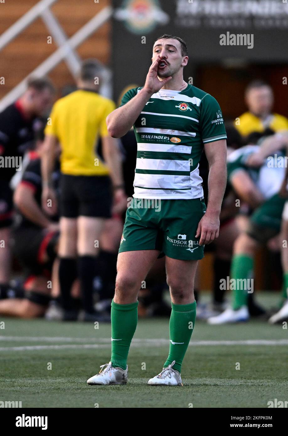 Ealing, Vereinigtes Königreich. 19.. November 2022. Ealing Trailfinders V Jersey Reds RFU Championship Cup, 1.. Runde. Trailfinders Sports Club. Ealing. Craig Willis (Ealing) schreit während des Ealing Trailfinders V Jersey Reds RFU Championship Cup, Gruppe A, Rugby-Match. Kredit: Sport In Bildern/Alamy Live Nachrichten Stockfoto