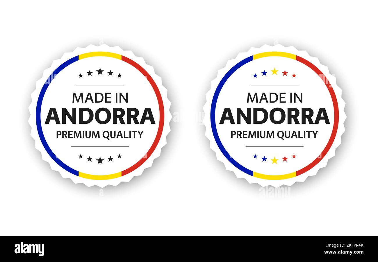Set aus zwei andorranischen Etiketten. Hergestellt in Andorra. Hochwertige Aufkleber und Symbole mit Sternen. Einfache Vektordarstellung isoliert auf weißem Hintergrund Stock Vektor