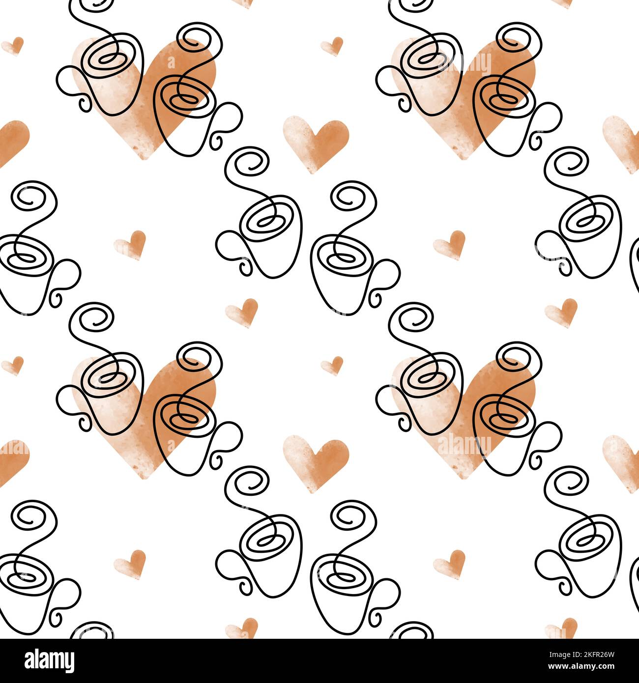 Nahtloses Muster aus der Konturzeichnung einer Tasse mit fließendem Dampf und deferenten Herzen in trendigen Kaffeetönen. Isolieren. Vektor. EPS Geeignet für Werbung, Stoff oder Poster, Menü, Banner, Hintergrund Stock Vektor