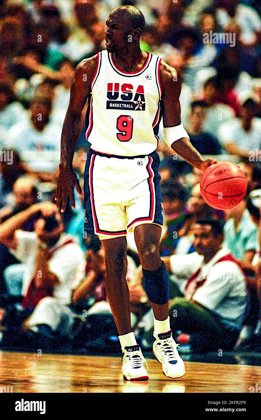 Michael Jordan (USA), der beim Turnier der Amerikanischen Meisterschaften 1992 vor den Olympischen Spielen antritt. Stockfoto