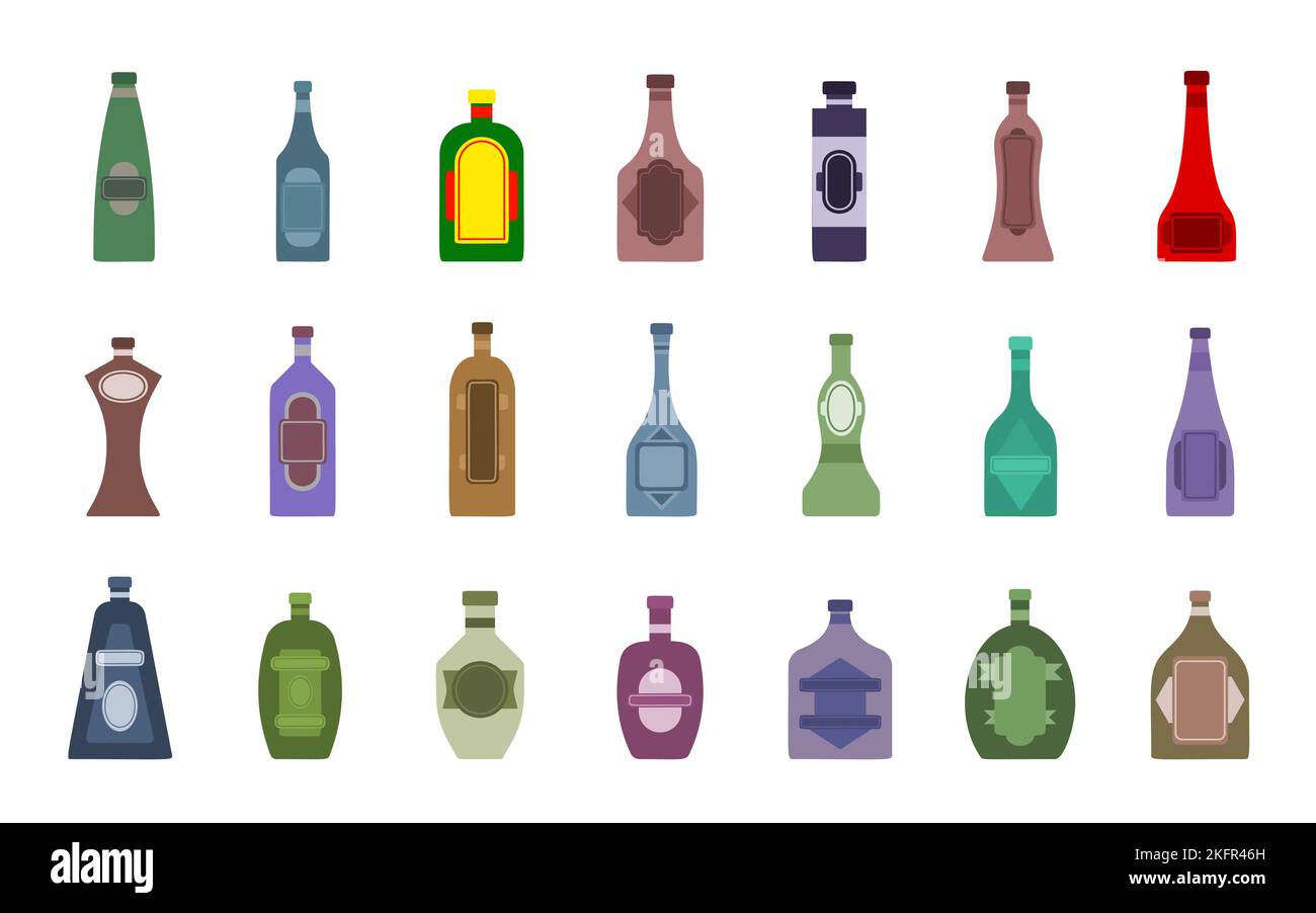 Cartoon-Icon-Set für eine Flasche alkoholisches Getränk. Symbol für das Restaurant Pub JAR. Verschiedene Formen von Glaskolben für Wodka, Whiskey, Soda, Bier, Wasser, Brandy und andere alkoholische Getränke, flüssiges Produkt Stock Vektor
