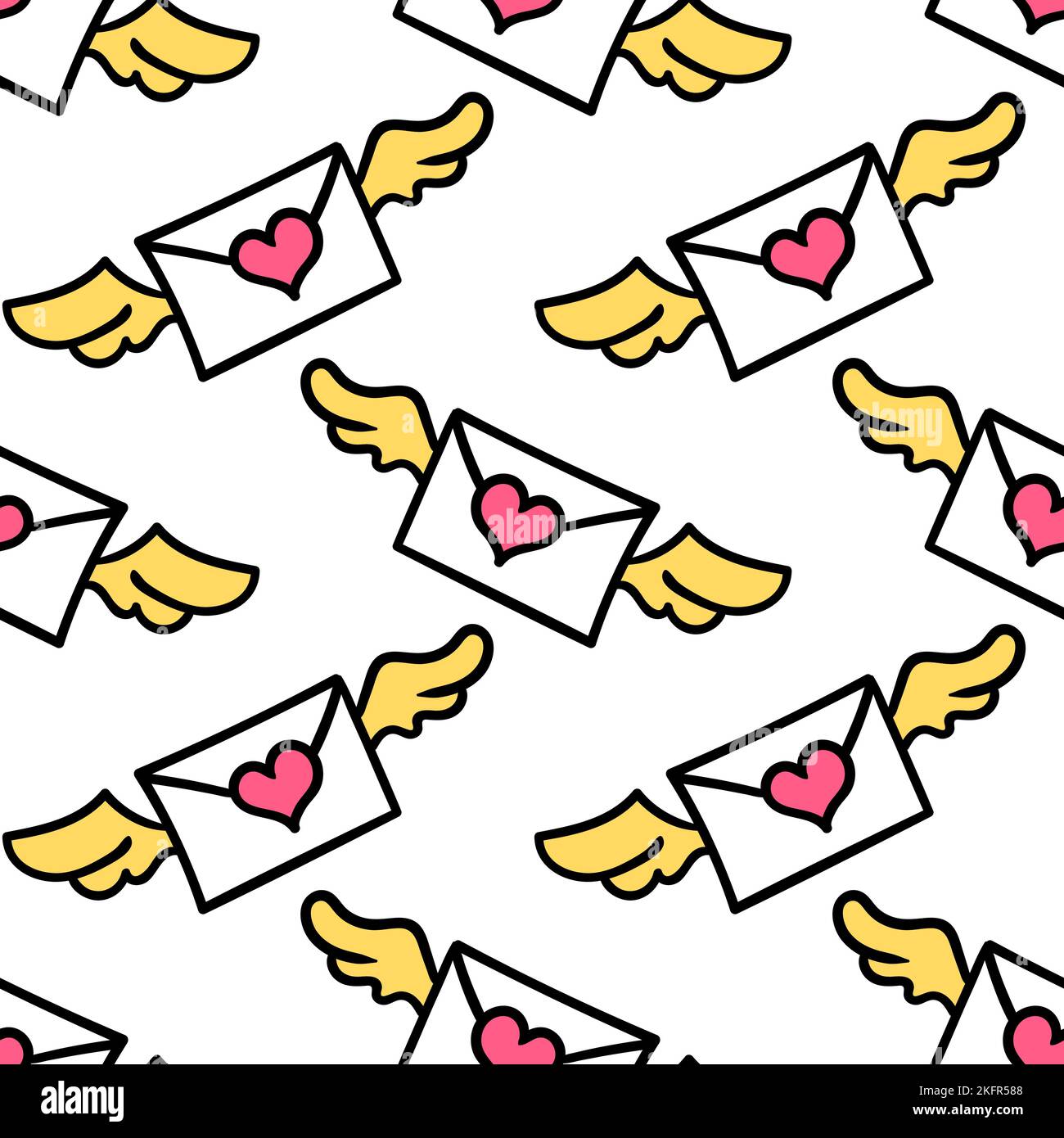 Eine digitale Illustration eines nahtlosen Musters süßer fliegender Liebesbriefe auf weißem Hintergrund Stock Vektor