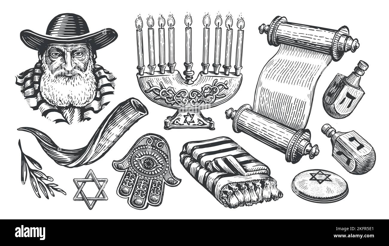 Jüdische Set-Skizze. Tora-Rolle, Menora, Shofar, Rabbi, Miriam Hand. Religion Konzept vintage Vektor Illustration Stock Vektor
