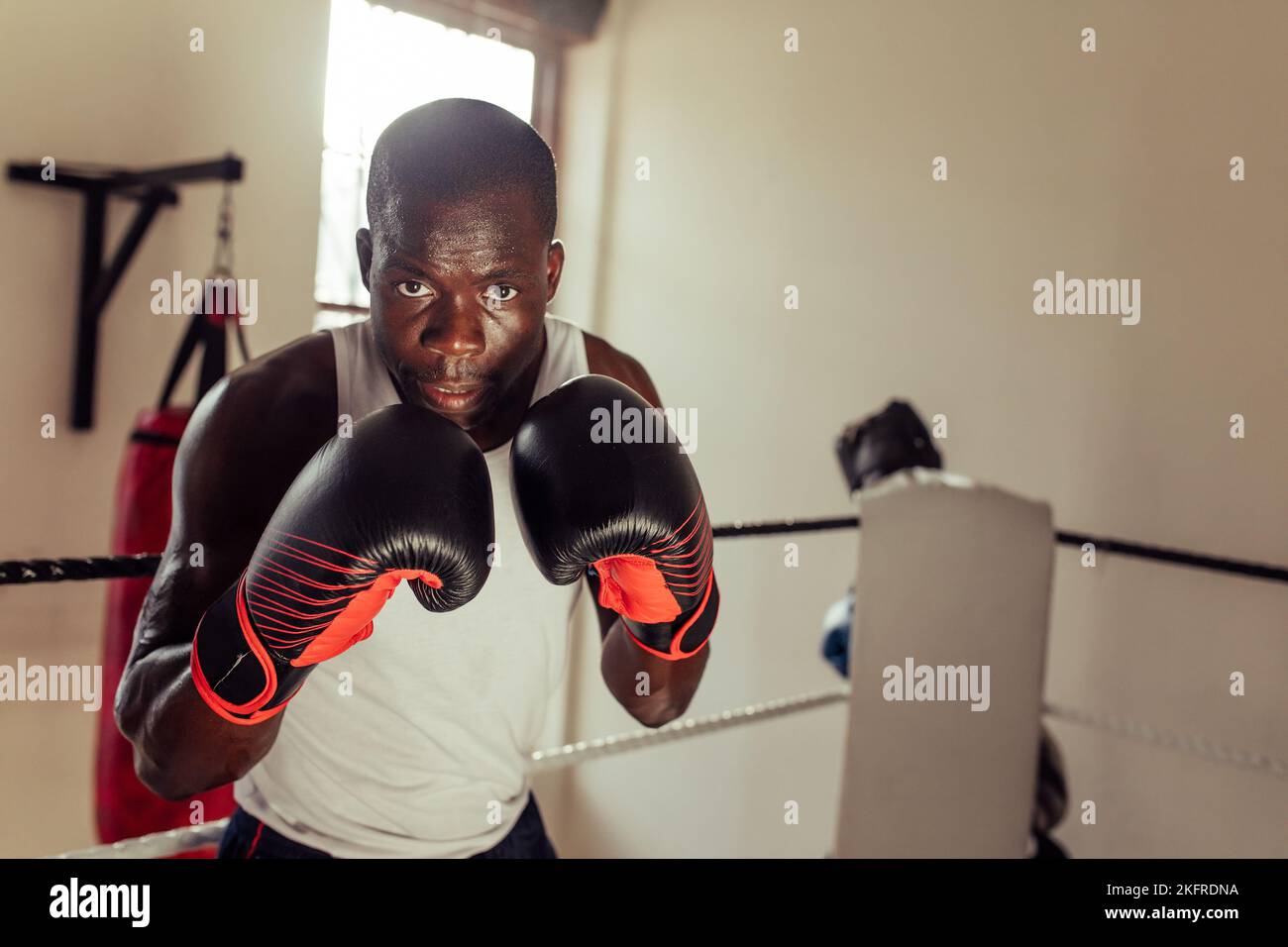 Fokussierter junger Boxer, der mit Boxhandschuhen in Kampfposition auf die Kamera schaut. Sportlicher junger Mann, der in einer Boxhalle trainiert. Stockfoto