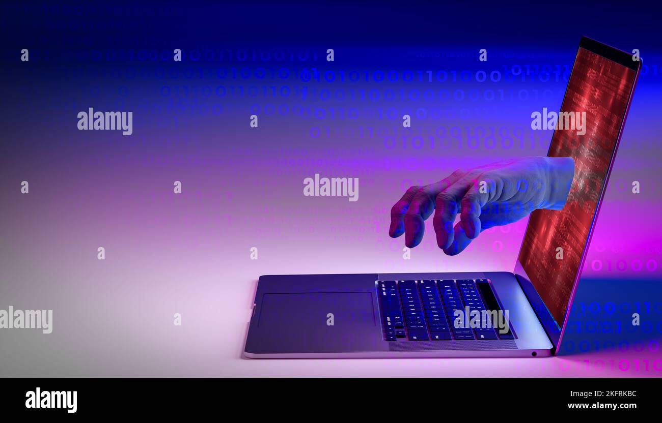 Internetkriminalität. Hacker greifen durch den Laptop-Bildschirm, um Daten zu stehlen. Cyber-Angriff, Virus, Malware, illegal und Cyber-Sicherheit. Bunt hell Stockfoto