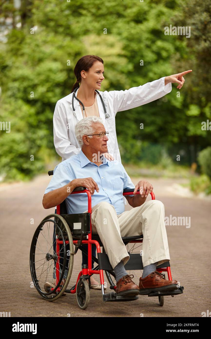 Genießen Sie die Schönheit der Natur auf Rädern. Eine Ärztin, die ihre ältere Patientin zu einem Ausflug in seinen Rollstuhl mitnimmt. Stockfoto