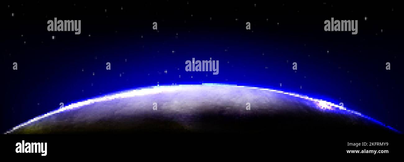 Erde oder ein anderer Planetenrand im Sonnenaufgangslicht auf dem Hintergrund des schwarzen Himmels mit Sternen. Weltraum mit Planetenglobus mit blauem Leuchten der Atmosphäre auf hor Stock Vektor